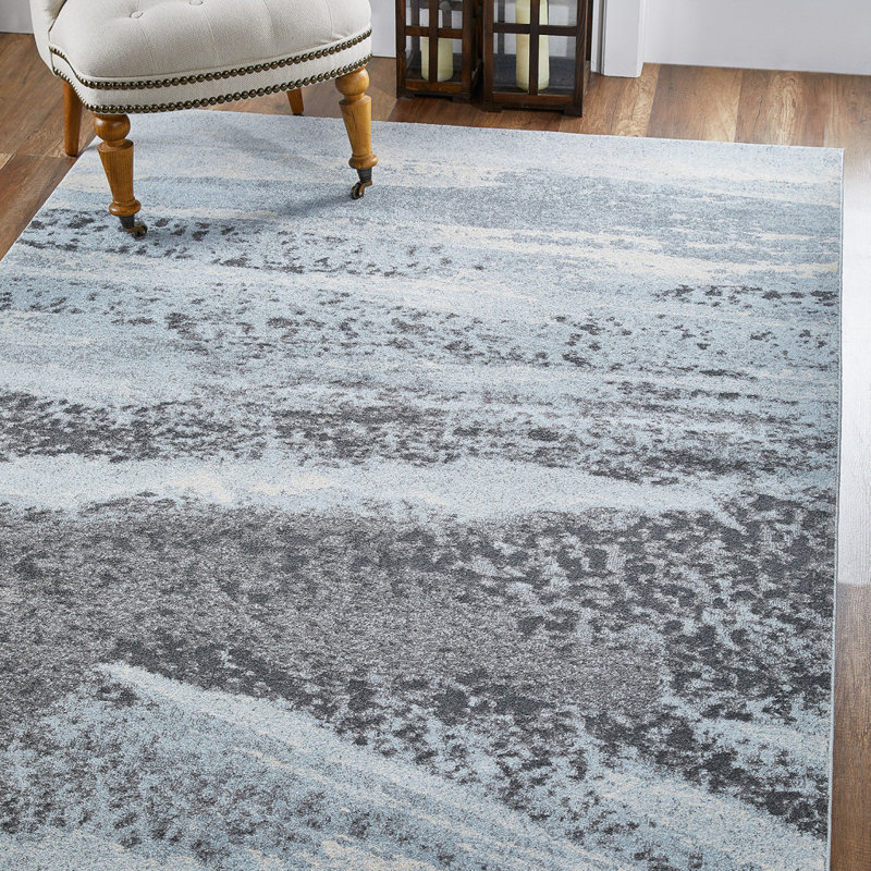 Tapis bleu-gris à motif abstrait brume moderne, Rectangle 3 pi x 5 pi