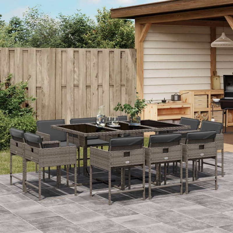  Ensemble repas 11 pièces pour patio avec coussins en rotin de polyester gris, Gris, Gris foncé