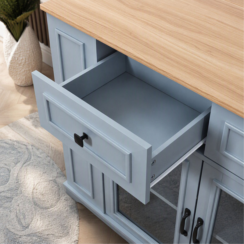 Îlot de cuisine mobile de 54 po avec porte vitrée, prise de courant et tablettes ouvertes, chariot de cuisine roulant avec porte-serviettes, support à épices et porte-couteaux, table de préparation fonctionnelle pour la cuisine, la salle à manger