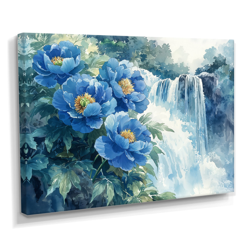Goldye pivoines par la cascade IV - pivoines, art mural sur toile, H 30 po x l 40 po, Toile tendue, Ne s’applique pas