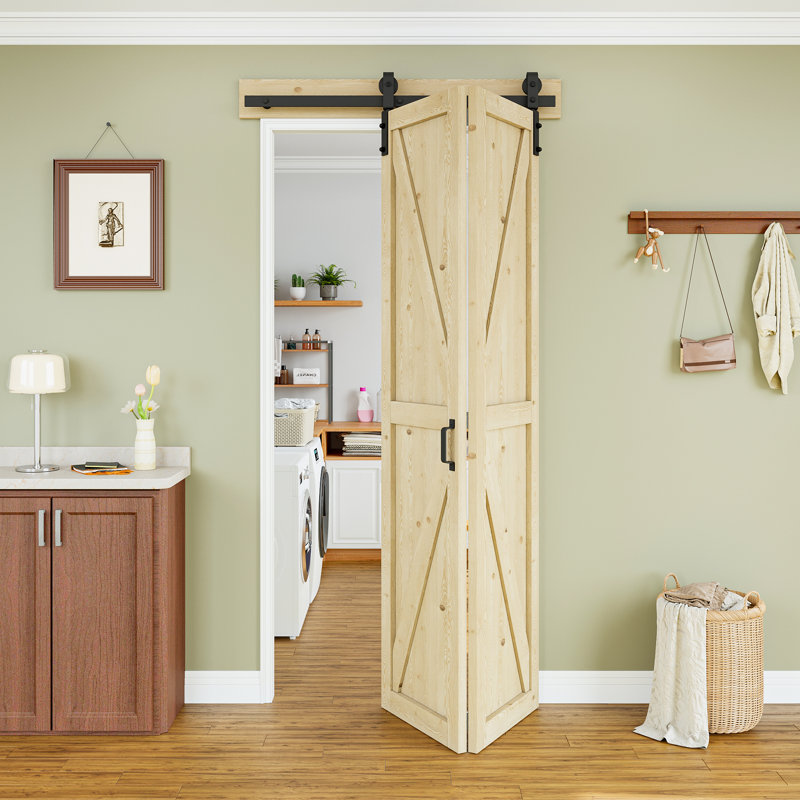 Porte de grange pliante en K en pin non fini avec trousse de quincaillerie d'installation, 36 po x 84 po