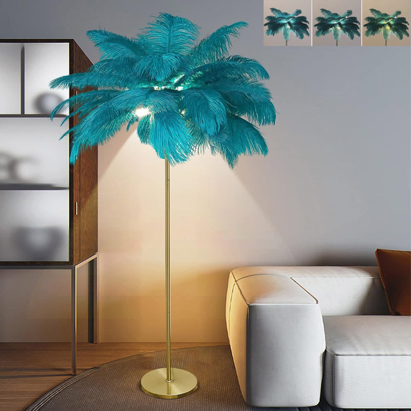 Lampe sur pied en plumes d'autruche avec éclairage DEL tricolore réglable, lampe sur pied décorative faite à la main pour le salon, la chambre à coucher, le bureau et la boutique