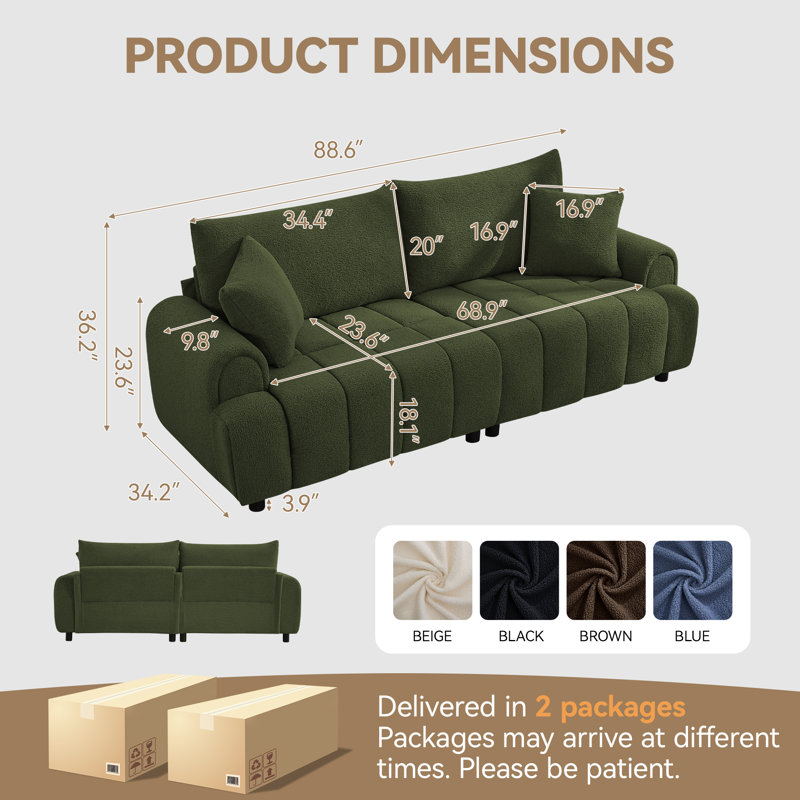 88,6 po de large canapé Sherpa moderne, canapé en tissu polaire moelleux pour le salon, Vert