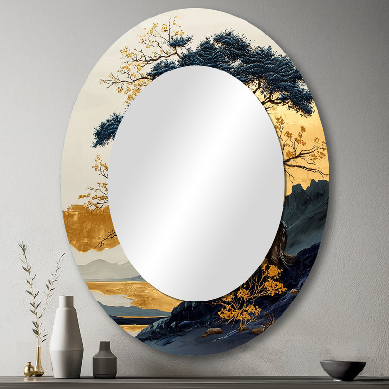 Or et bleu crépuscule baobab arbre africain I - décor de miroir mural ovale doré, 43 po x 33 po
