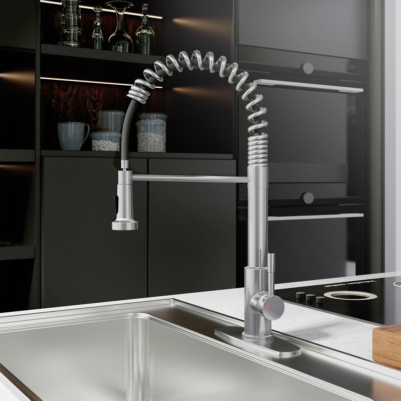 Robinet de cuisine à poignée simple avec accessoires KPAida, Aucun capteur, Nickel brossé