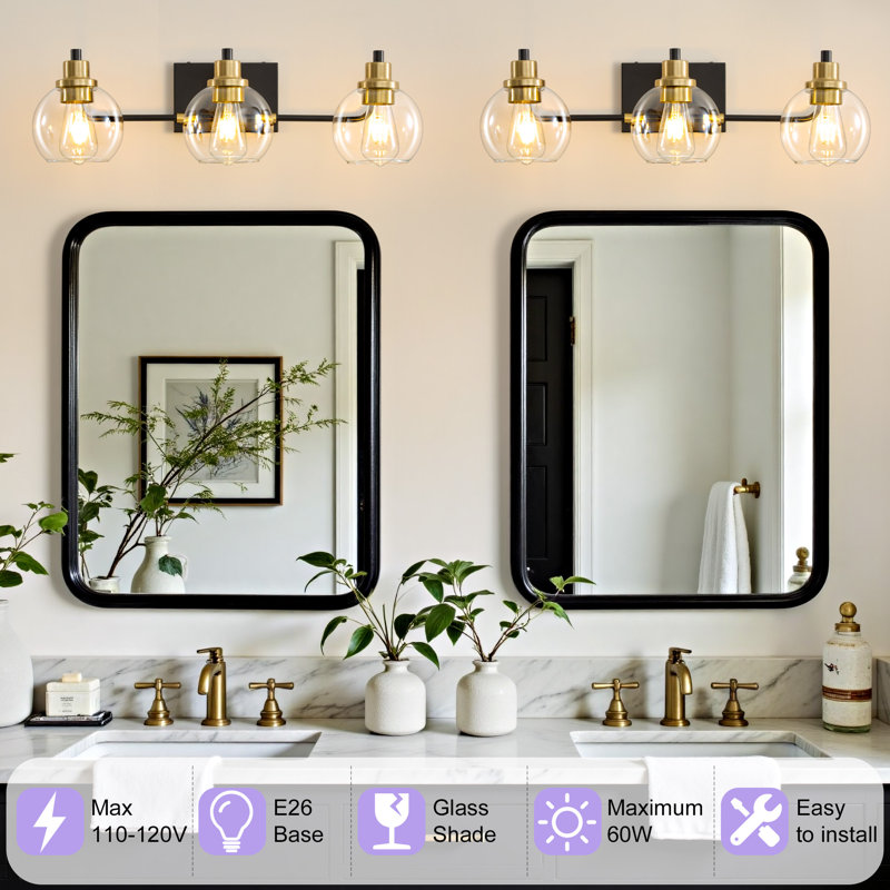 3-light Dimmable Bathroom Vanity Light, Matte Black/Gold