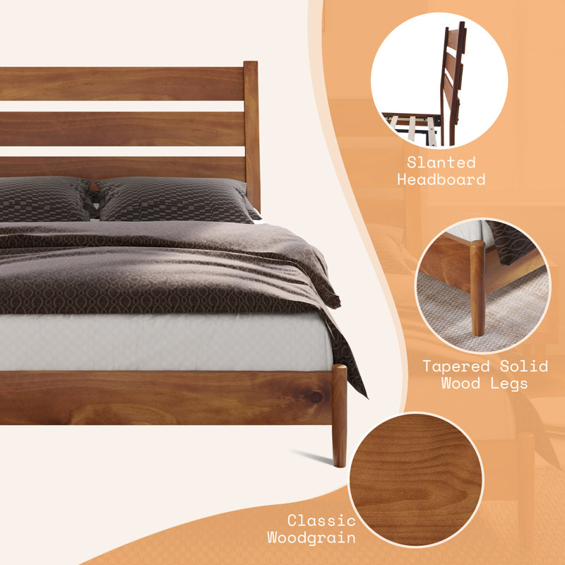 Full Size Light Brown Pine Wood Bed Frame with Slatted Headboard