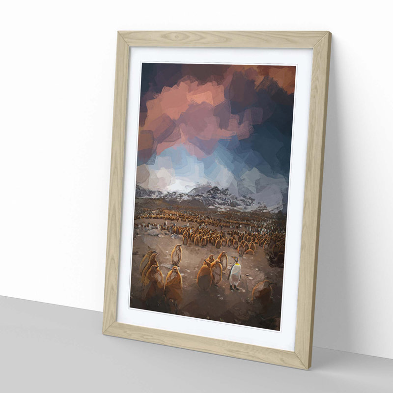 King Penguins & Mountains in Abstract - Framed Print, 91cm H x 60cm W x 2cm D, Oak
