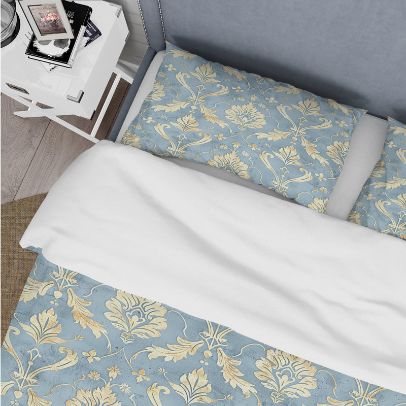 Blue Gold Damask Glamour Print I - Ensemble de housse de couette Farmhouse, Housse de couette très grand + 2 taies décorativ