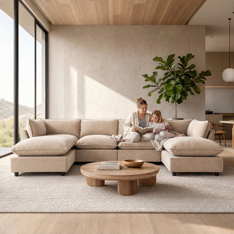 Canapé modulaire avec repose-pieds 31,5 po Annamaria, Chenille beige