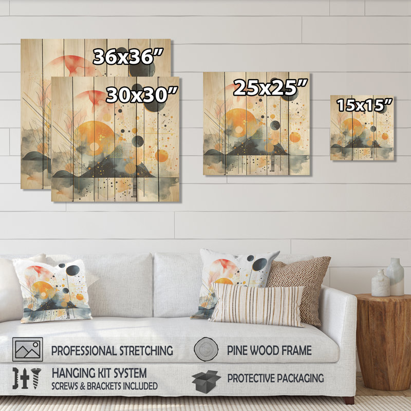 Modern Black And Yellow Forest Landscape II - Abstract Landscape On Wood Print, 15" H x 15" W