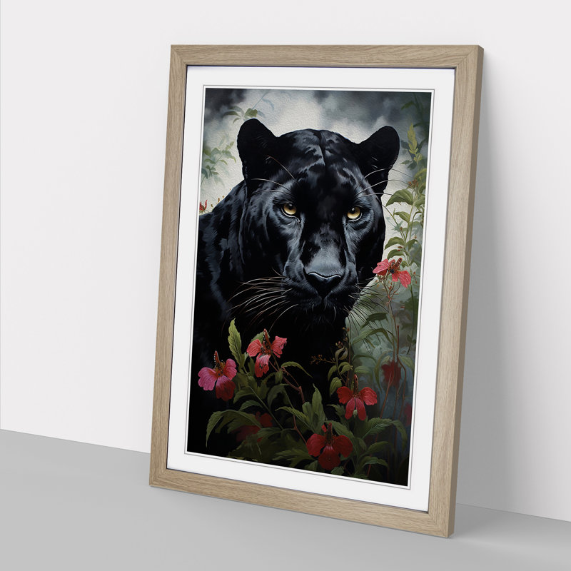 Panther Romanticism - Single Picture Frame Print on Wood, Oak Framed, 34cm H x 25cm W x 2cm D