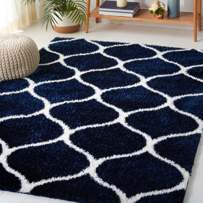 Navy and White 8' x 10' Geometric Shag Area Rug