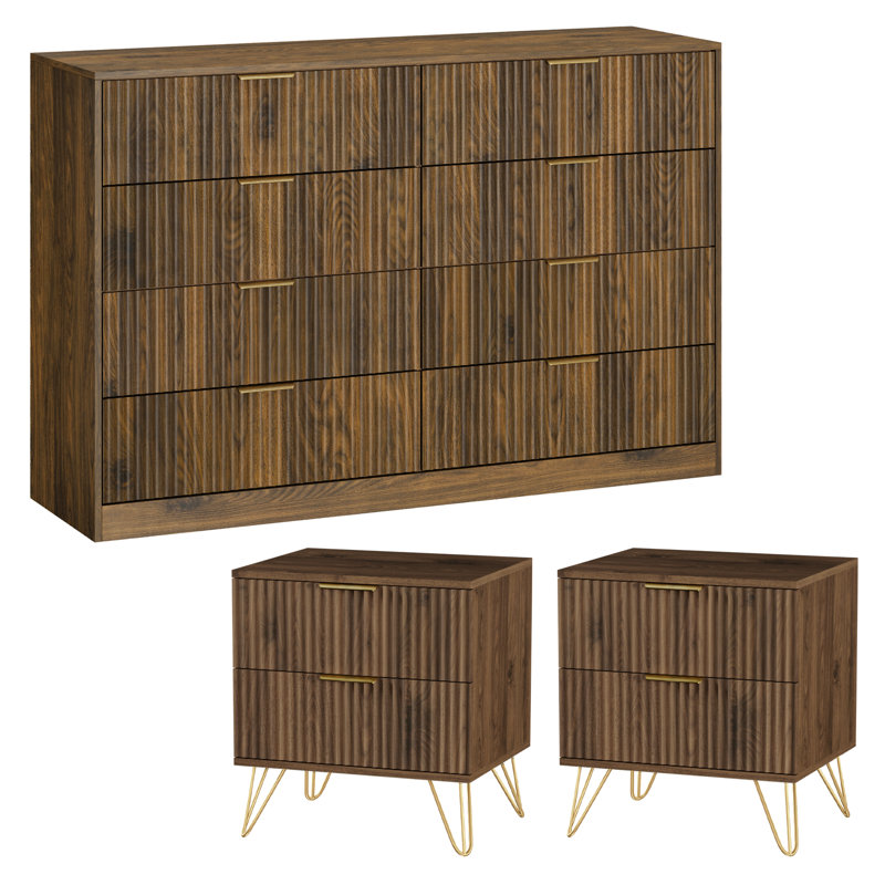 Ensemble de commode et table de chevet 3 pièces pour chambre à coucher, commode cannelée 8 tiroirs 55 po, Noyer