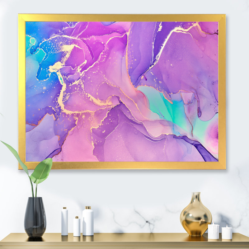 Rose et mauve, art liquide abstrait I - reproduction sur toile, H 12 po x l 20 po, Toile à cadre d'angle fermé doré