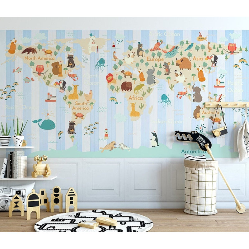 Papier peint amovible avec carte du monde multicolore, L 35,04 po x l 55 po