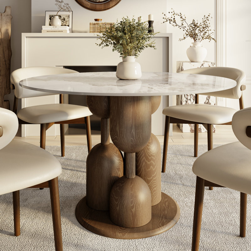 Amberly Luxury Modern Round Sintered Stone Dining Table Solid Wood Pedestal Kitchen Table For 4/6/8, One-step Installation