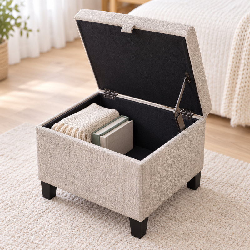 17.7" Square Tufted Linen Blend Storage Ottoma, Beige Linen Blend, Black