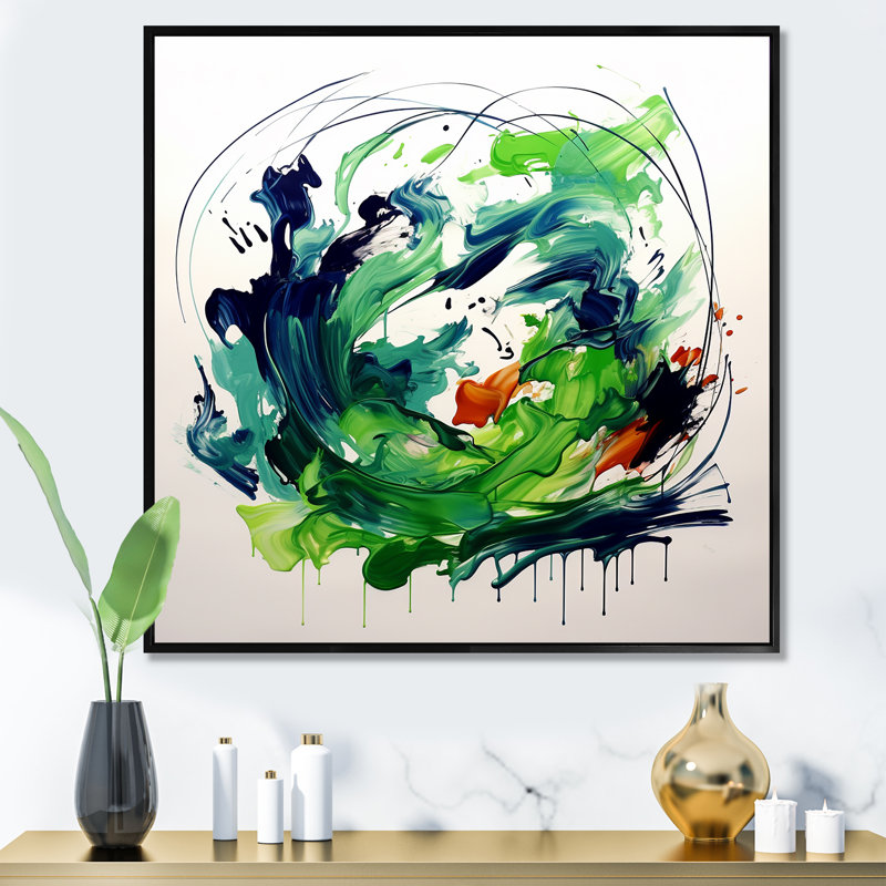 «Green and White Abstract Ink Expression III», art mural abstrait, Cadre flottant noir, 30" H x 30" W