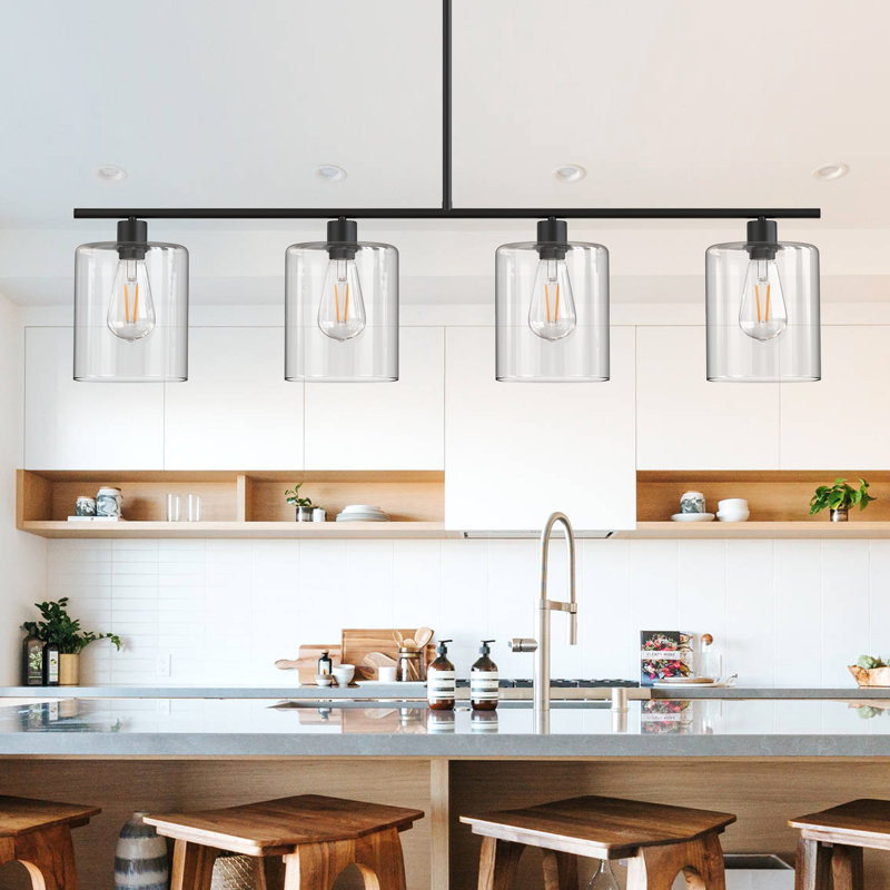 Luminaire suspendu pour îlot de cuisine noir mat à 4 lumières avec abat-jour en verre transparent Sanjana