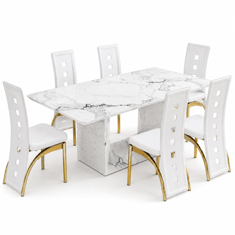 Ensemble de table de salle à manger 7 pièces rectangulaire moderne avec placage imitation marbre, 7 Pieces: Table, 6 Chairs