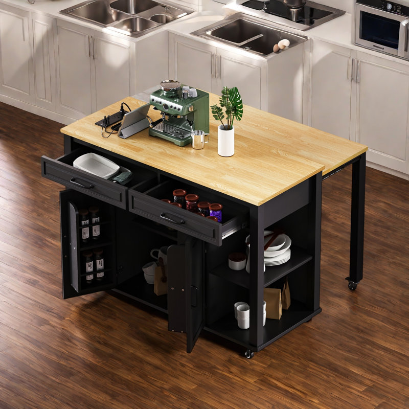 Îlot de cuisine avec table de salle à manger extensible, support de rangement interne, prise de courant, 2 tiroirs, 2 armoires et tablettes ouvertes
