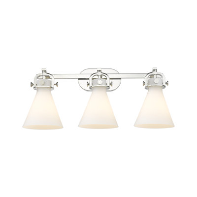 Cône Newton - 3 lumières - 27 pouces - Nickel poli - Abat-jour blanc - Éclairage pour meuble-lavabo