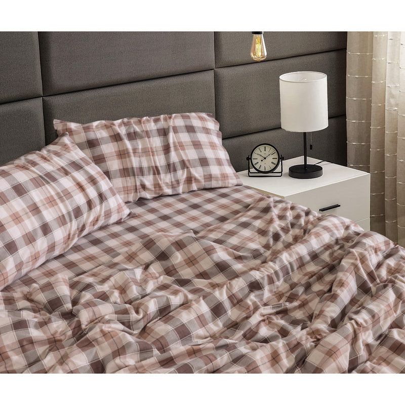 Ensemble de draps 100% flanelle 4 pièces, Ensemble de draps pour lit simple avec quatre piè, Beige et gris / écossais