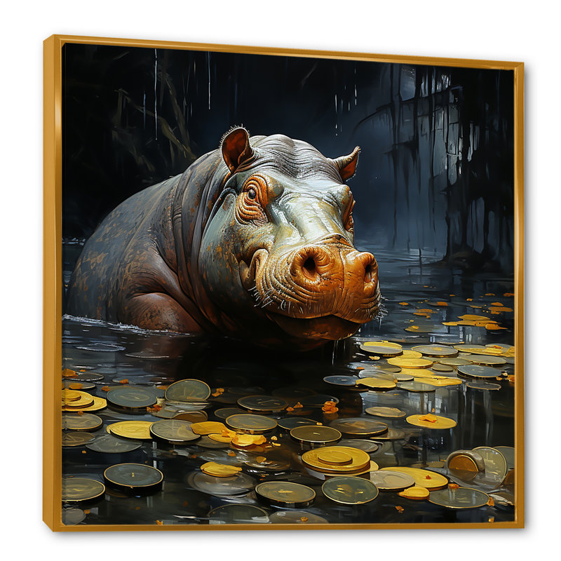«Grey Powerful Hippo Waters Reflect IV - Hippopotamus», art mural, Cadre flottant doré, H 16 po x l 16 po x P 1 po