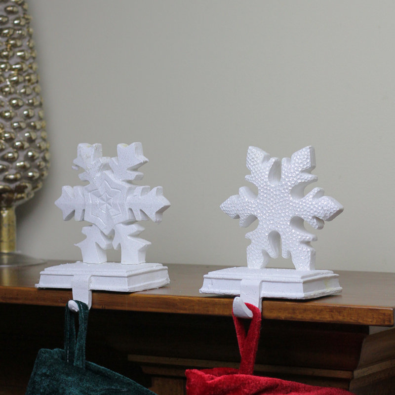 White Glitter Snowflake Polyresin Stocking Holders, Set of 2