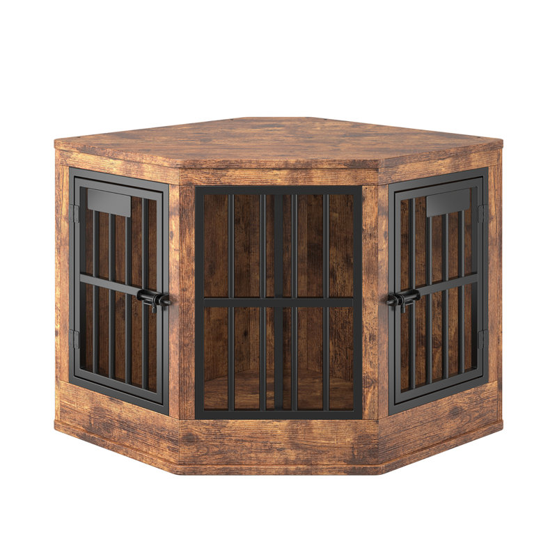 Cage décorative pour chien, style meuble, avec table d'appoint, couleur marron.