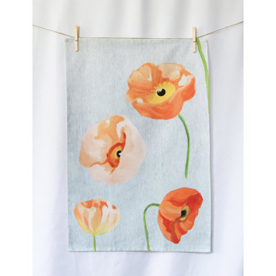 Torchon: Coquelicots pêche sur fond gris