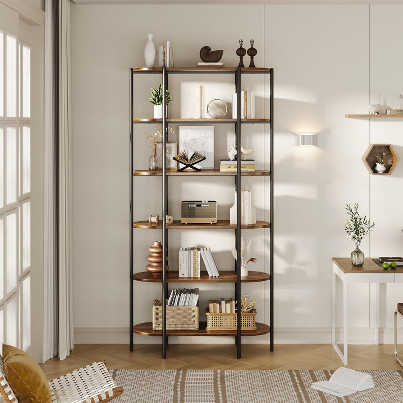 6-Tier Industrial Bookshelf, 71" Tall Oval Vintage Bookcase, Metal Frame Display Storage Shelf for Living Room