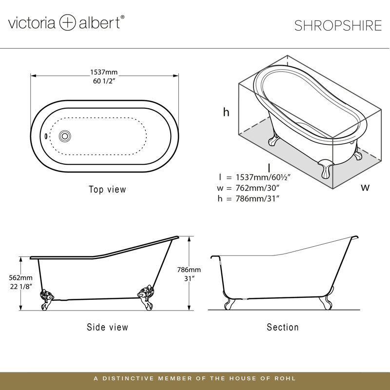 Shropshire 61" x 30" Freestanding Slipper Bathtub, Brushed Nickel
