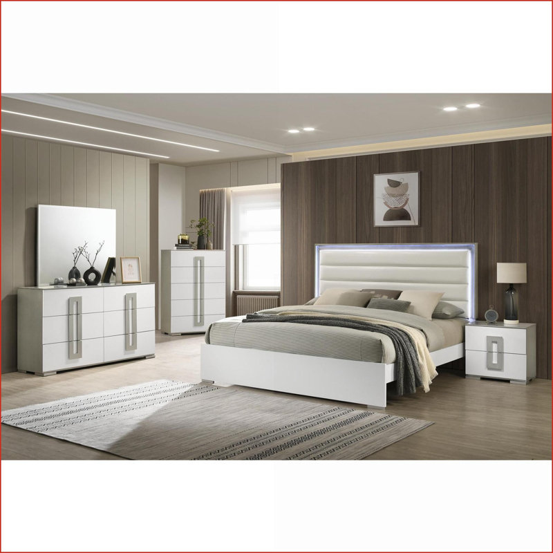 Ensemble de chambre à coucher 5 pièces très grand contemporain avec tête de lit DEL blanc cassé | Bois | Lits standard