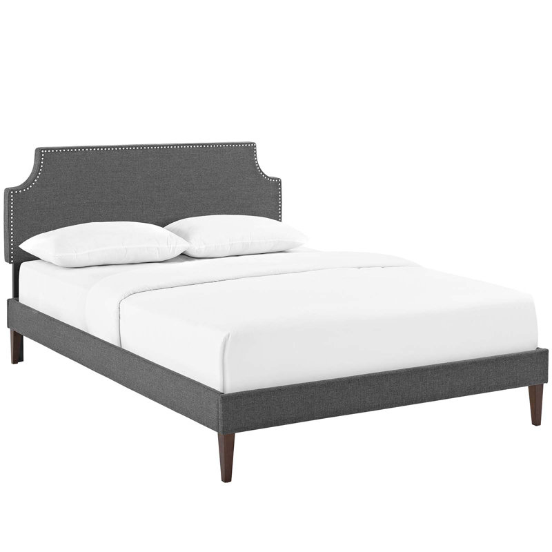 Gray Full Upholstered Platform Bed with Nailhead Trim