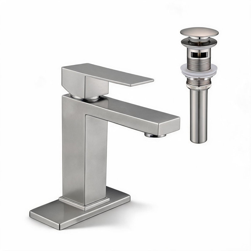 Robinet de lavabo de salle de bain à poignée simple en acier inoxydable nickelé avec bonde escamotable