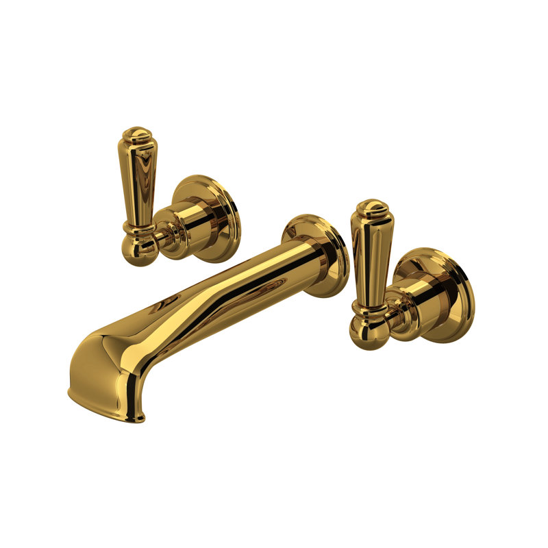 Edwardian Wall Mount Tub Filler Trim With U-Spout, Unlacquered Brass, With Lever Handles