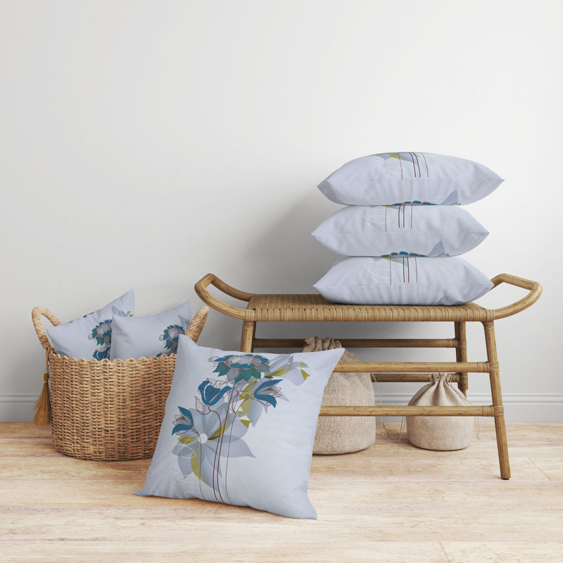 Coussin à motif floral avec housse amovible, Bleu / vert / gris, H 16 po x l 16 po