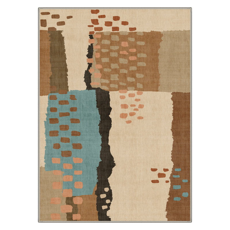 Geometric Machine Washable Brown / Beige Indoor Runner Rug with Non-Slip Backing, Rectangle 8' x 10'