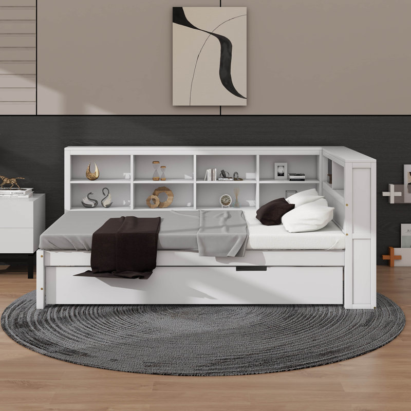 Wooden Daybed With Twin Trundle, Platform Bed Frame With Double-Layer Storage Shelf And USB Charging Ports, Twin, White