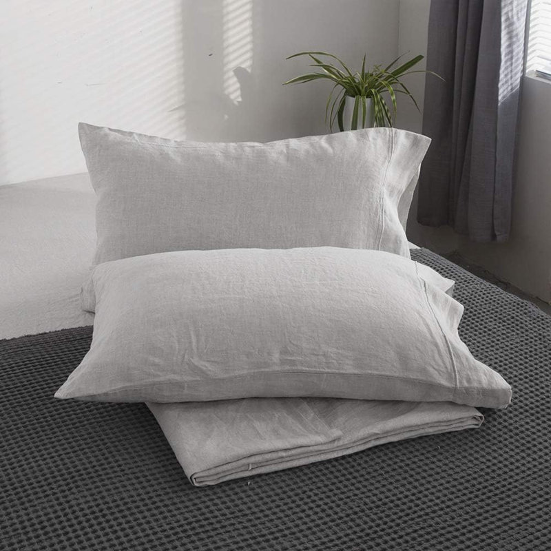 100% French Linen Pillowcase Set Of 2- Washed Solid Color Pillow Cases Embroidered, Gray, King Pillow Case