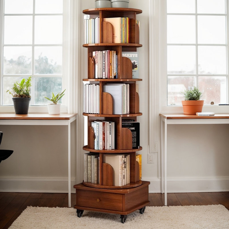 5 Tier Rotating Bookshelf, 360° Display Round Spinning Bookshelf With Wheels, (6 Shelves) 68.1" H x 18.11" W x 18.11" D