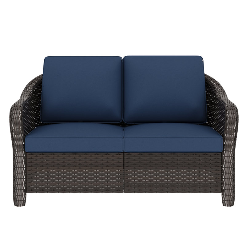 Hazel Outdoor Patio Wicker Loveseat With Cushions, Blue