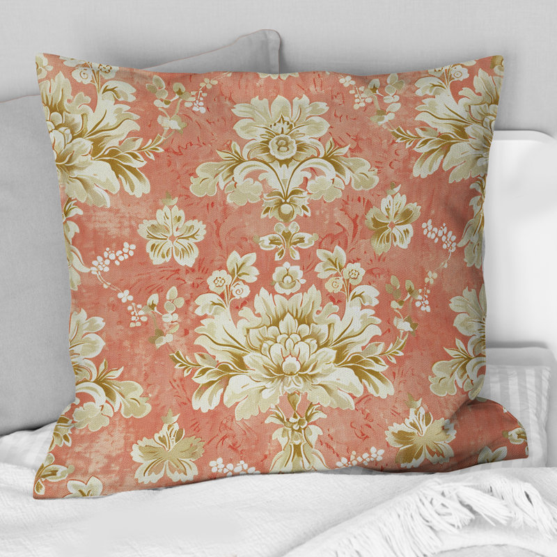 Fleurs roses et dorées I - Coussin Country, H 16 po x l 16 po, Carrée