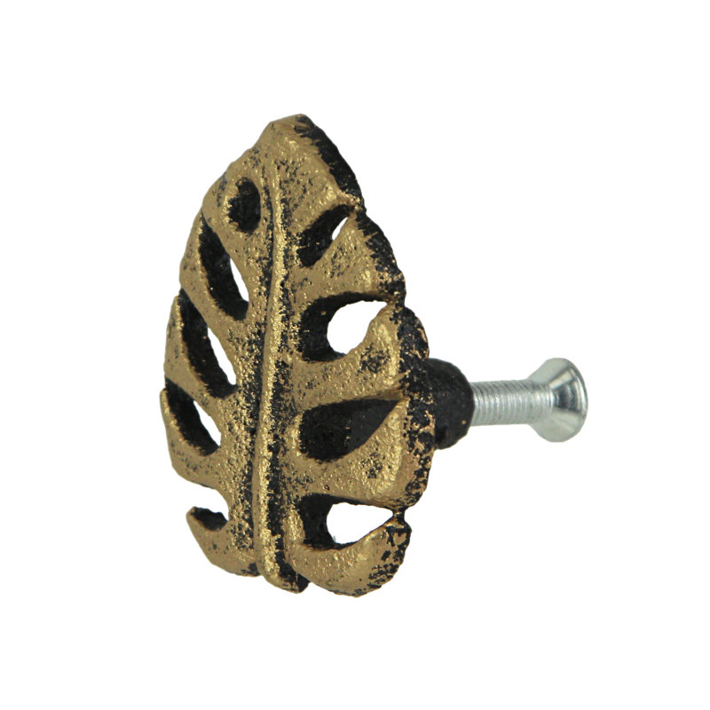 Tropical antique gold cast iron monstera leaf drawer pulls and cabinet knobs, set of 6 — 1.5" L x 1" D x 2" H, Gold