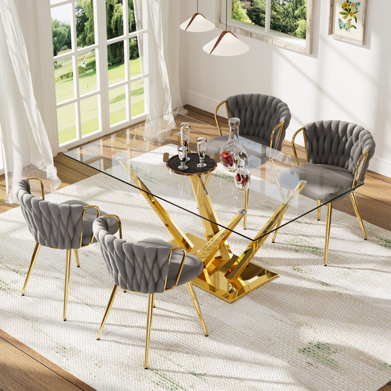 Ensemble de table de salle à manger Modern, 5 pièces: table, 4 chaises, Doré, Gris/doré