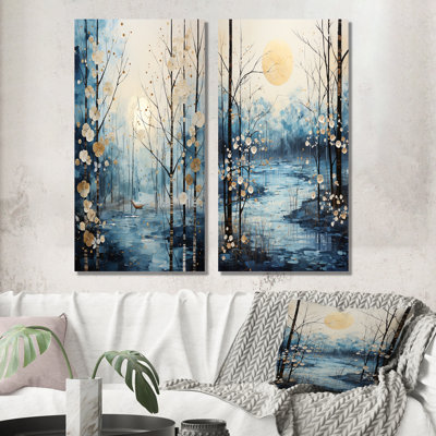 Birch Woods Winter Moonrise - ensemble de 2 reproductions