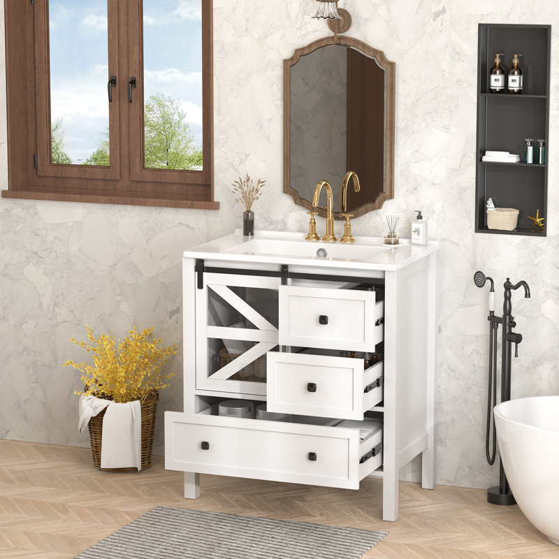 Ensemble de meuble-lavabo simple 30 po avec lavabo et porte de grange, ensemble de meuble-lavabo de style maison de campagne