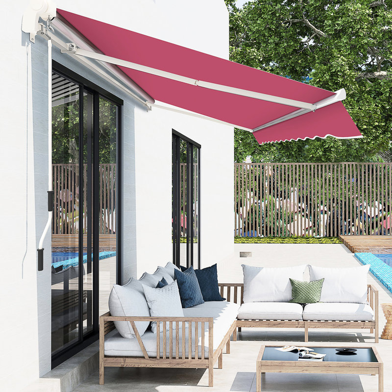 Auvent de patio 10 pi x 8 pi rouge et tissu aquatique avec cadre en aluminium et rétraction manuelle pour terrasse, balcon, cour rouge 8 pi, manivelle